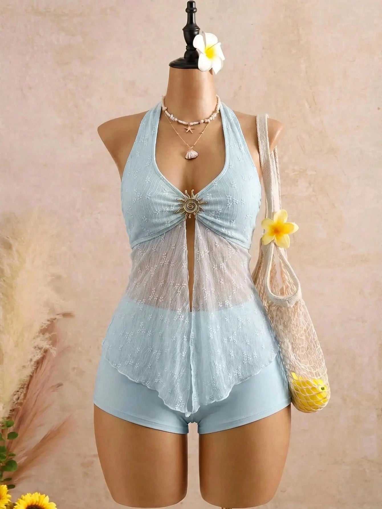 Bellisia 26SS Spring/Summer Vacation Blue Spaghetti Strap Sun God Textured Fabric Tank Top & Bikini Bottoms 2 Pieces Set