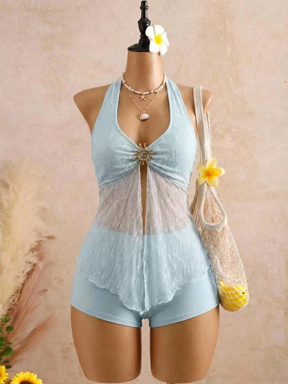 Bellisia 26SS Spring/Summer Vacation Blue Spaghetti Strap Sun God Textured Fabric Tank Top & Bikini Bottoms 2 Pieces Set