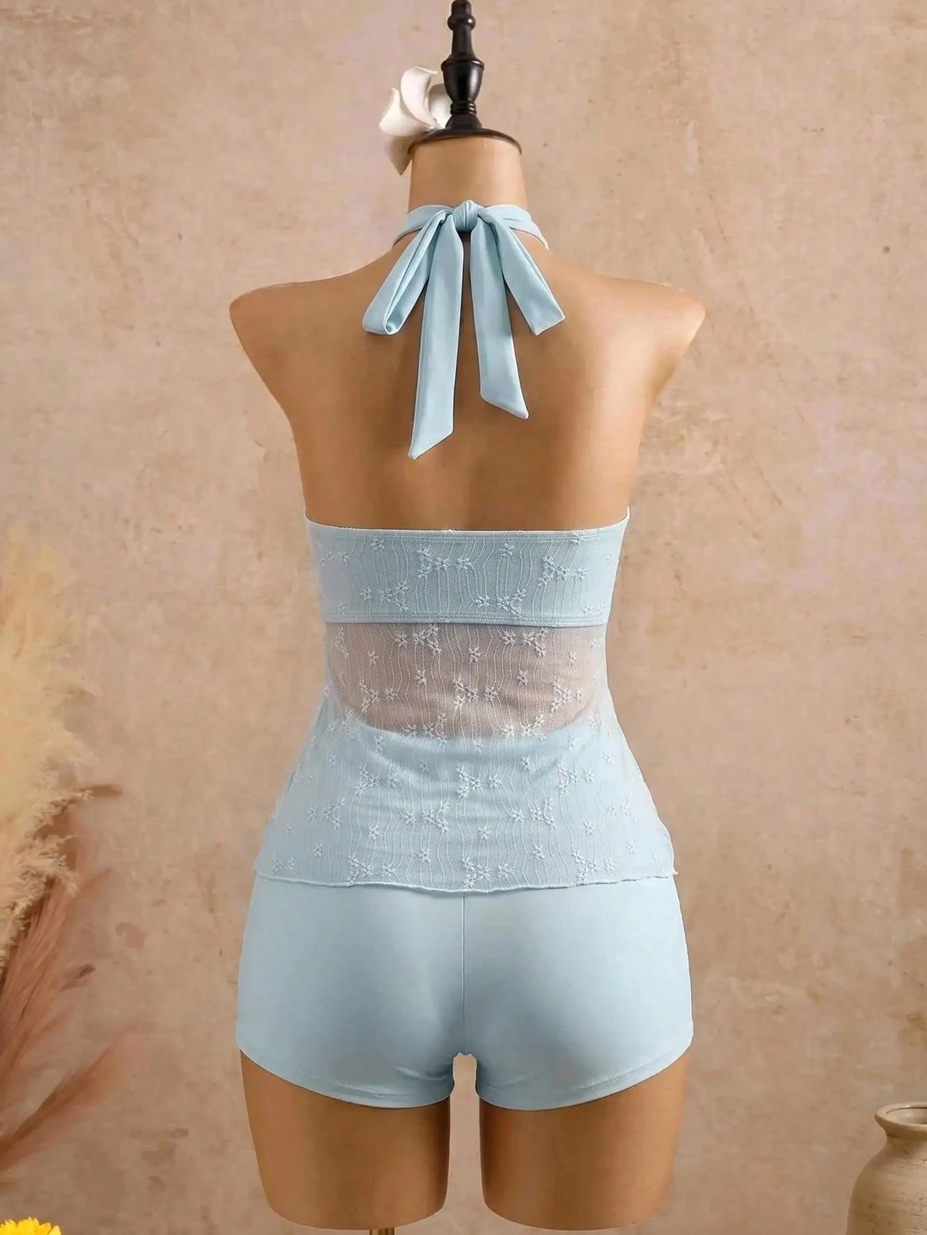 Bellisia 26SS Spring/Summer Vacation Blue Spaghetti Strap Sun God Textured Fabric Tank Top & Bikini Bottoms 2 Pieces Set