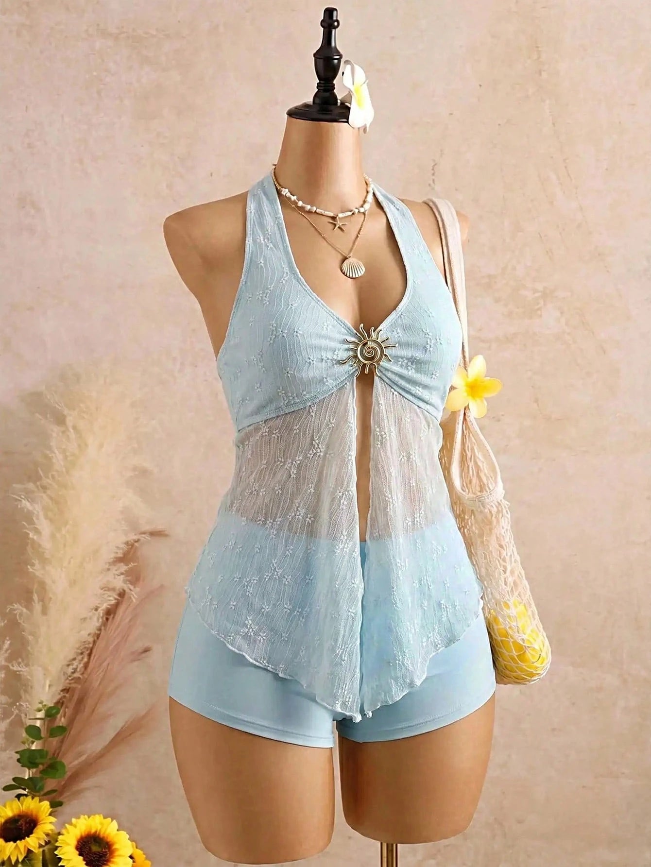 Bellisia 26SS Spring/Summer Vacation Blue Spaghetti Strap Sun God Textured Fabric Tank Top & Bikini Bottoms 2 Pieces Set