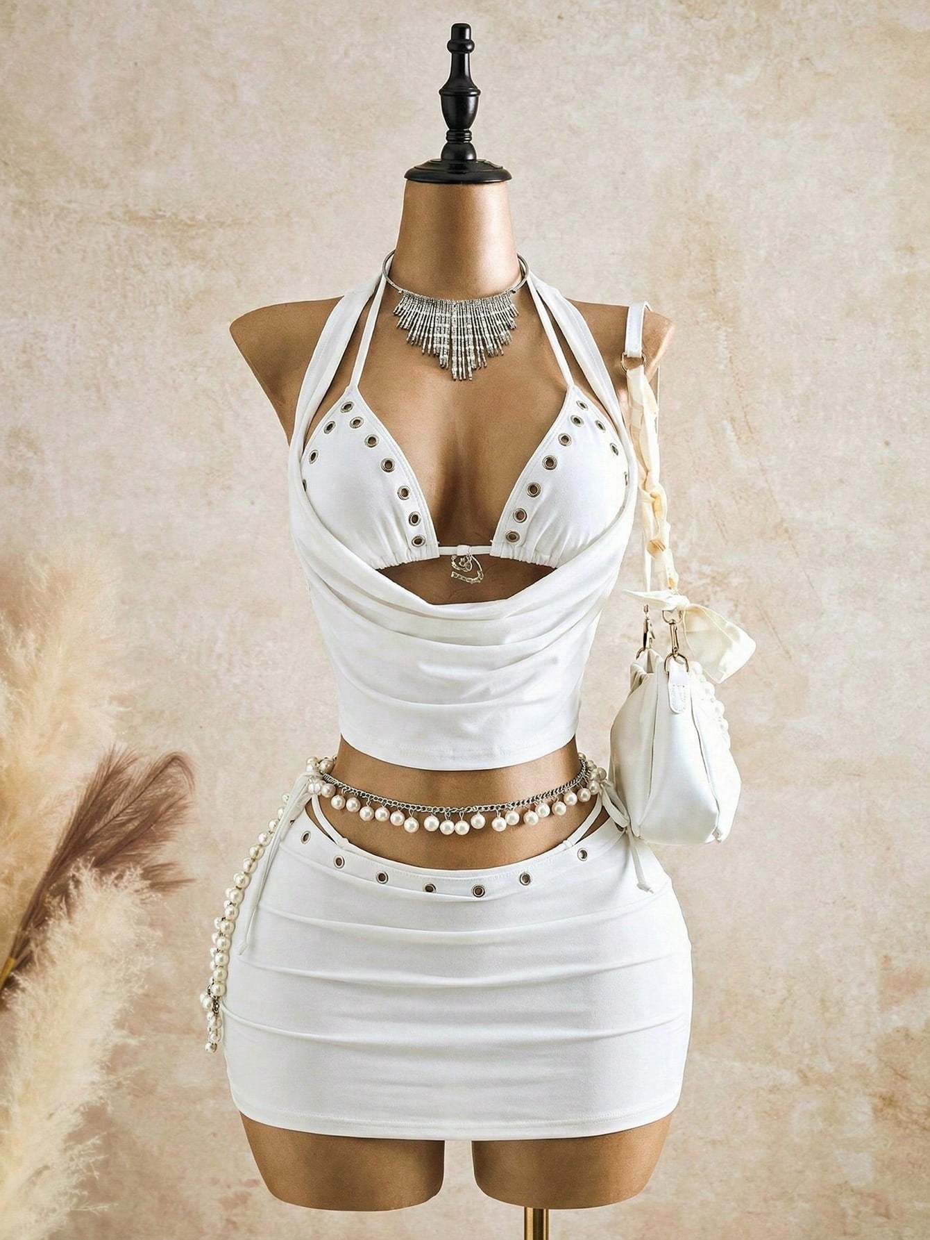 Bellisia 4pcs Set White Women Swimwear Set With Snail Metal Accessory,Hollow Design Top,Tie-Side Thong Bikini & Mini Skirt,Summer,70s Retro,Holiday,Party