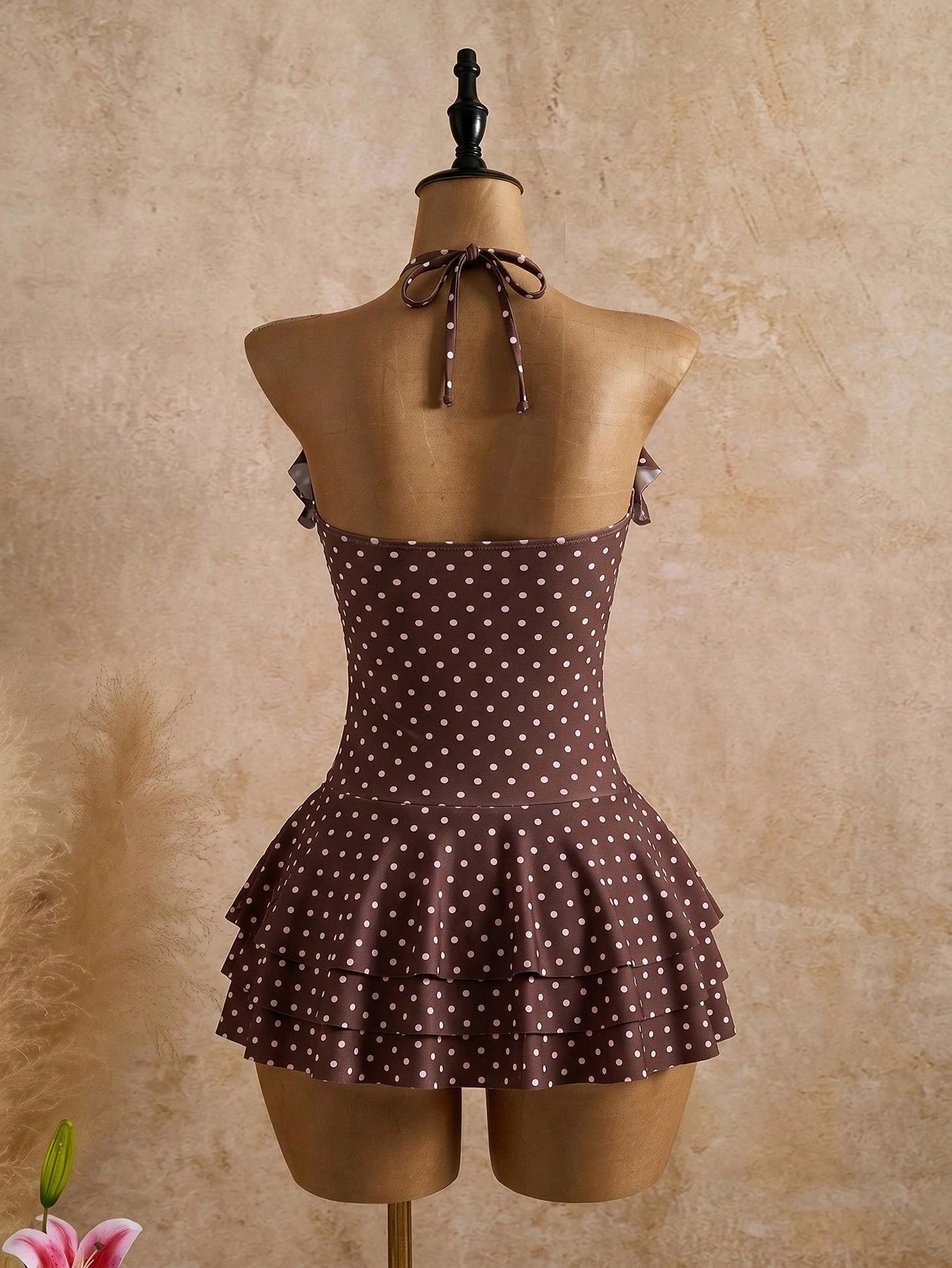 Bellisia Brown And White Polka Dot Wavy Cute Retro Elegant Vintage One-Piece Swimsuit Dress, Casual Beach Holiday Pool Party Holiday For Women Summer