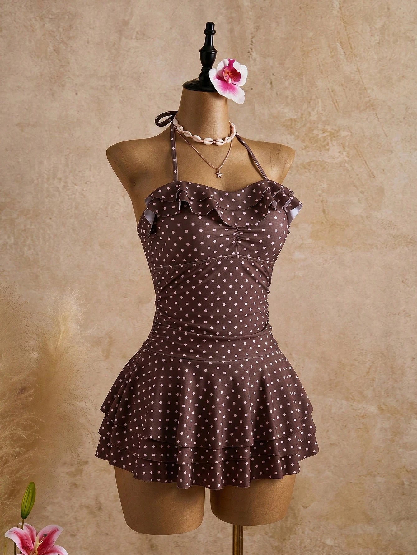 Bellisia Brown And White Polka Dot Wavy Cute Retro Elegant Vintage One-Piece Swimsuit Dress, Casual Beach Holiday Pool Party Holiday For Women Summer