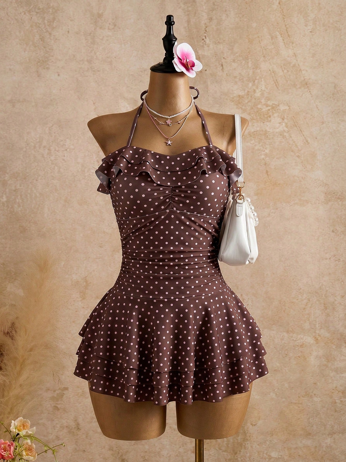 Bellisia Brown And White Polka Dot Wavy Cute Retro Elegant Vintage One-Piece Swimsuit Dress, Casual Beach Holiday Pool Party Holiday For Women Summer