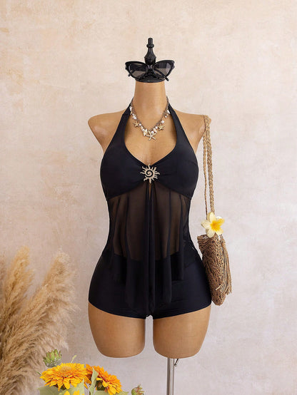 Bellisia French Elegant Halter Metal Decor Mesh Splice Vacation Tankini Set
