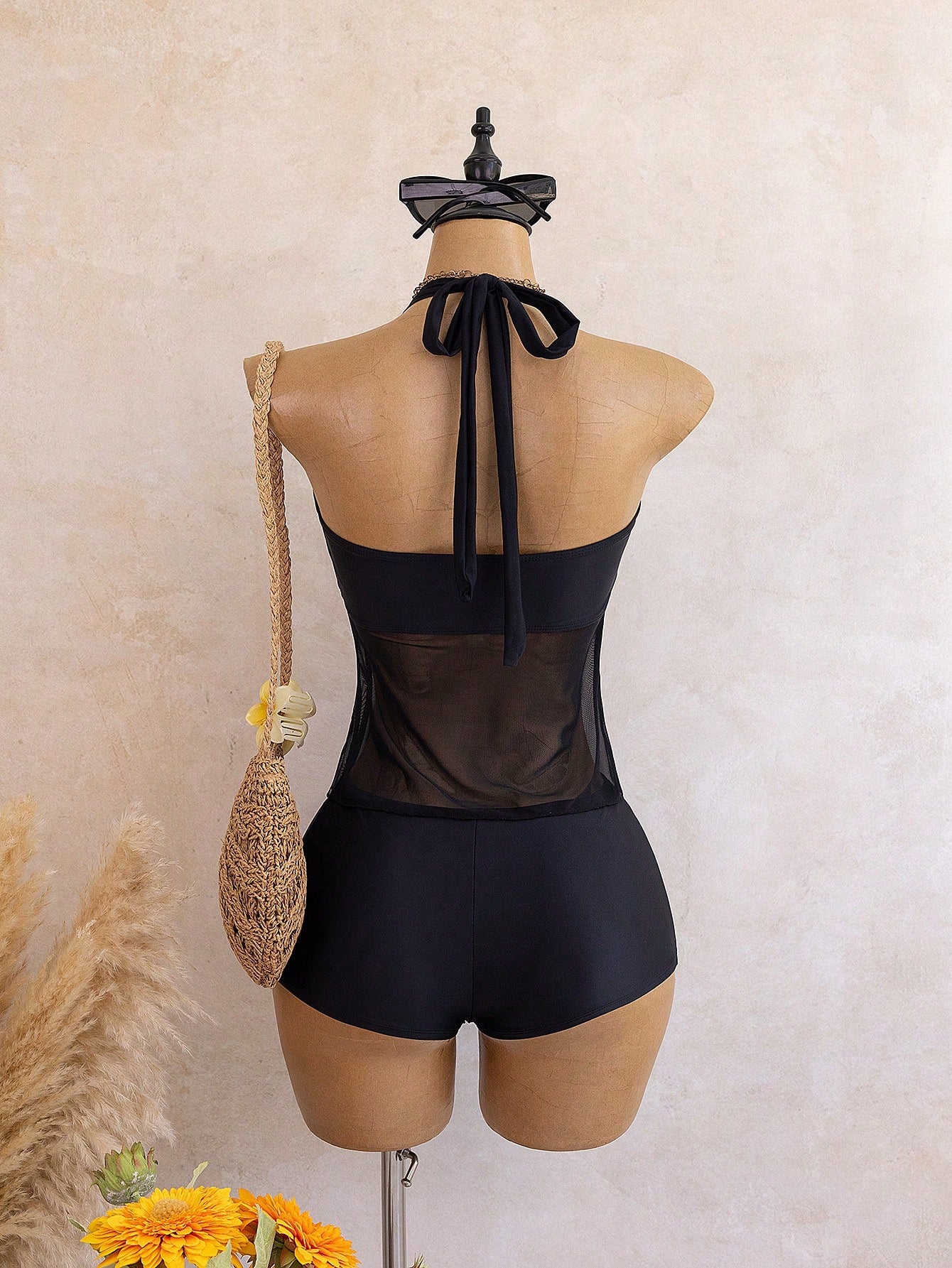 Bellisia French Elegant Halter Metal Decor Mesh Splice Vacation Tankini Set
