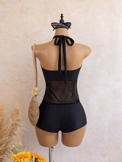 Bellisia French Elegant Halter Metal Decor Mesh Splice Vacation Tankini Set