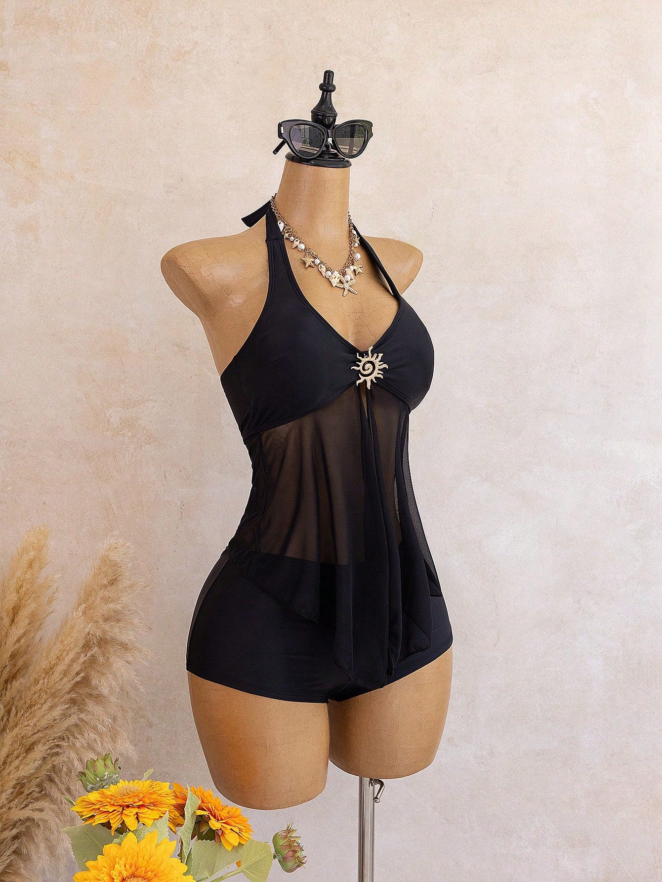 Bellisia French Elegant Halter Metal Decor Mesh Splice Vacation Tankini Set