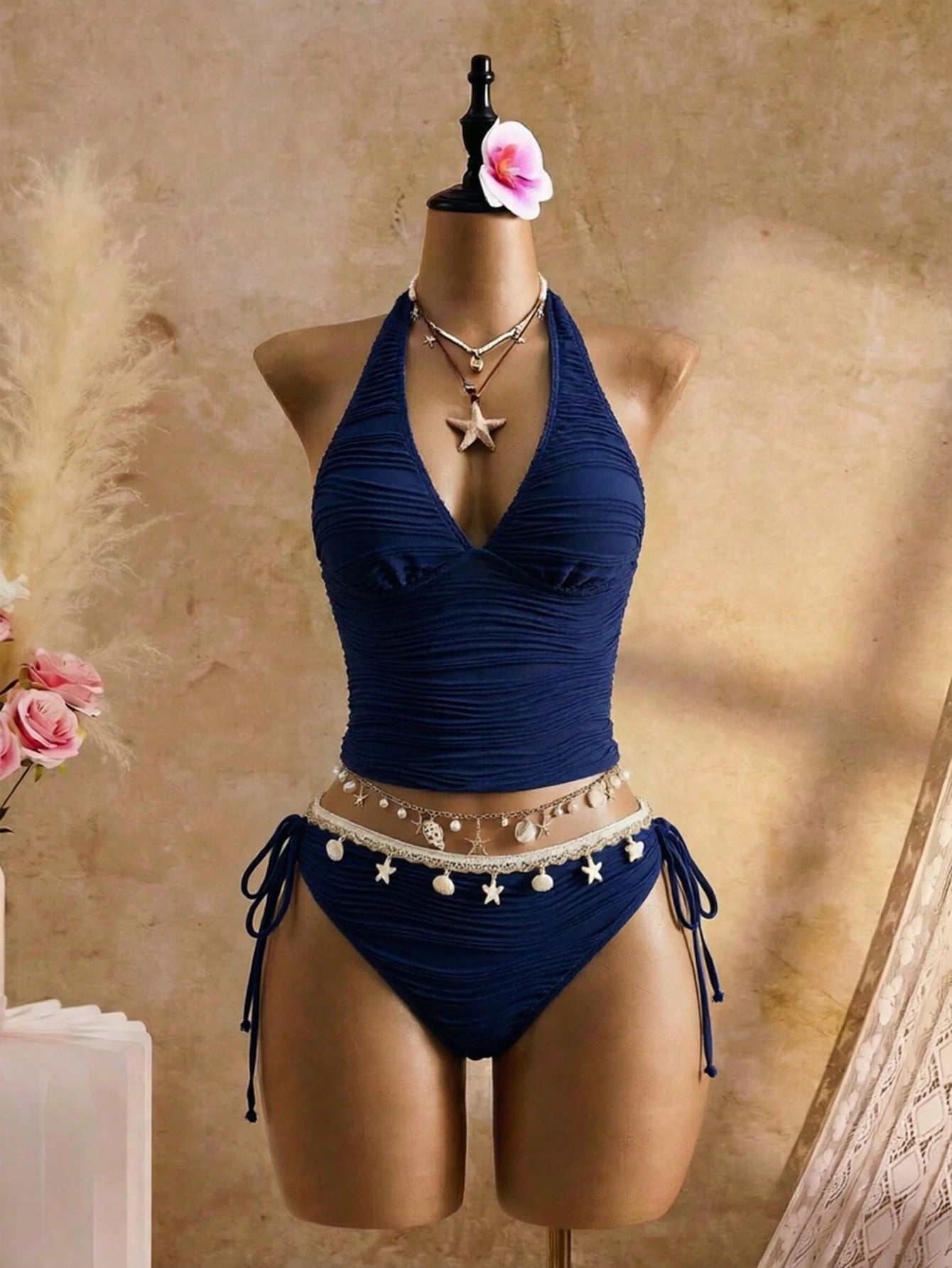 Bellisia Summer Beach Women's Spaghetti Strap Camisole Bikini 2-Piece Set, Special Textured Fabric, Off-White, Shell Decor, Double Side Tie Bikini Bottoms, Seaside Vacation Swimwear Set