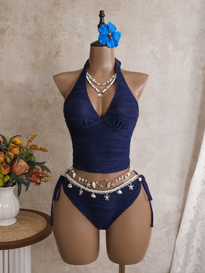 Bellisia Summer Beach Women's Spaghetti Strap Camisole Bikini 2-Piece Set, Special Textured Fabric, Off-White, Shell Decor, Double Side Tie Bikini Bottoms, Seaside Vacation Swimwear Set