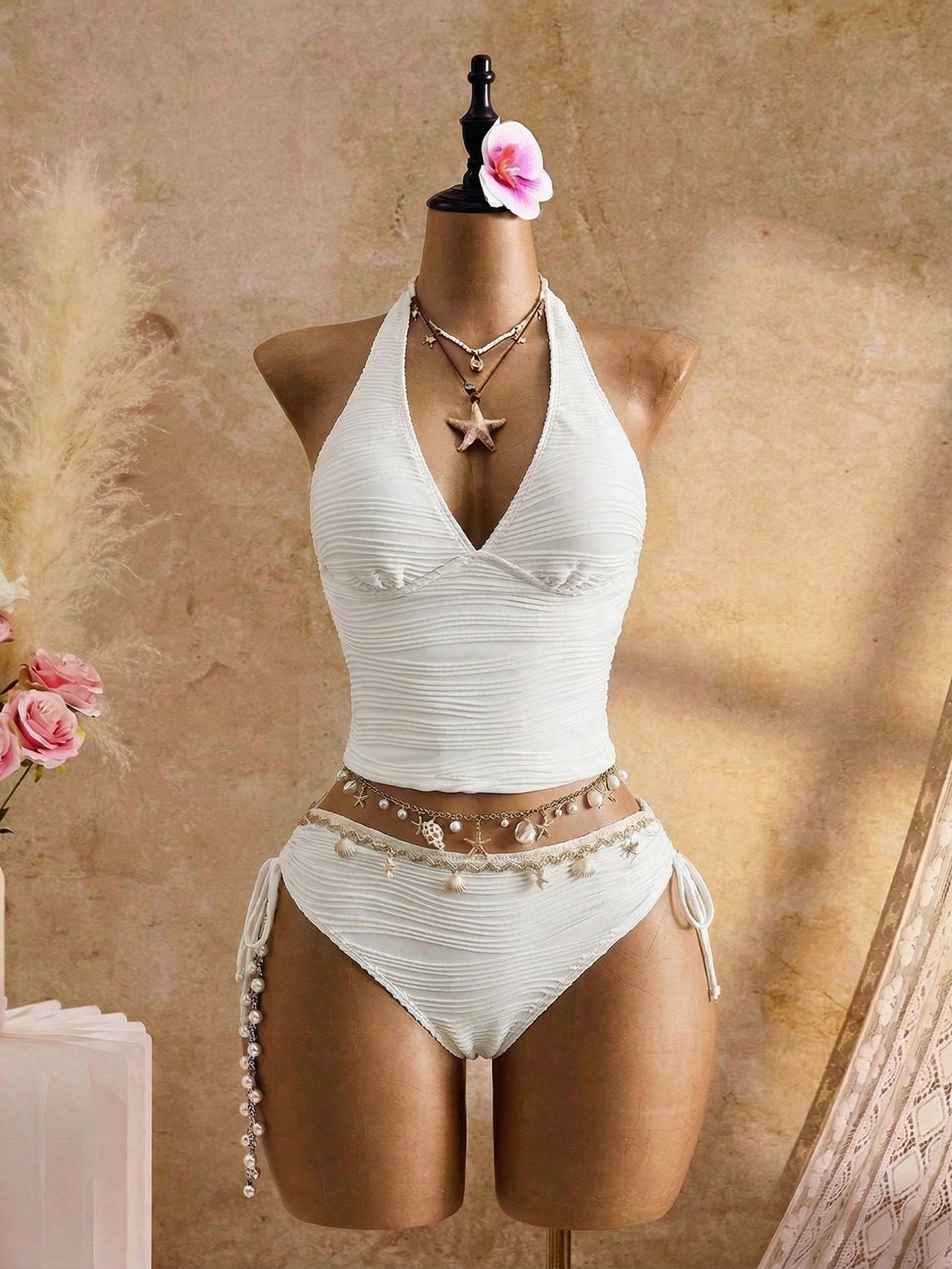 Bellisia Summer Beach Women's Spaghetti Strap Camisole Bikini 2-Piece Set, Special Textured Fabric, Off-White, Shell Decor, Double Side Tie Bikini Bottoms, Seaside Vacation Swimwear Set