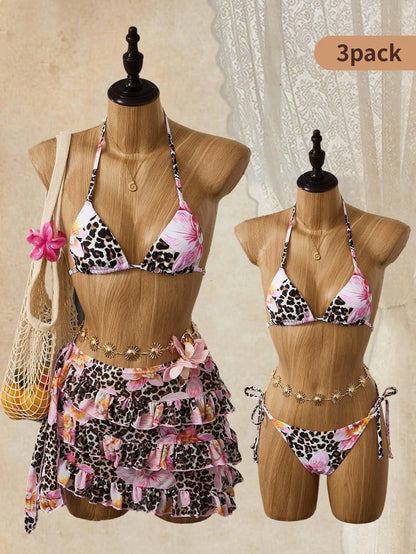 Bellisia Summer Design Sexy Hot Girl Butterfly Orchid Floral Leopard Print Bikini & Cake Skirt 3-Piece Set
