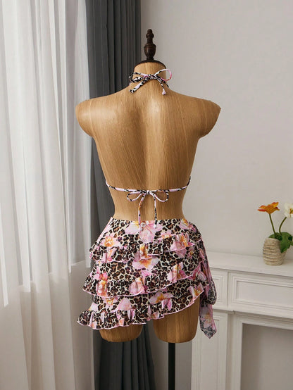 Bellisia Summer Design Sexy Hot Girl Butterfly Orchid Floral Leopard Print Bikini & Cake Skirt 3-Piece Set
