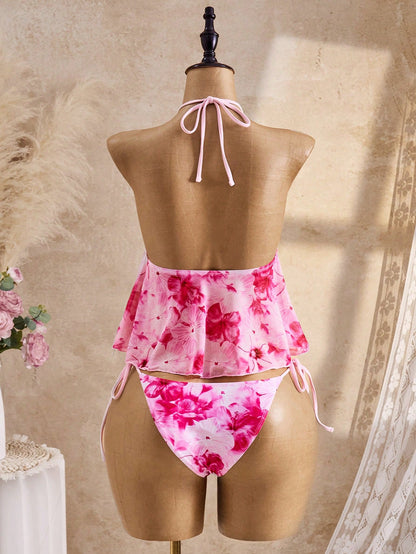 Bellisia Summer Pink Floral Spaghetti Strap Mesh Flowing Camisole Bikini 2 Pieces Set Women's Swimwear,Boho Holiday Vacation Beach Cruise Tropical Road Trip