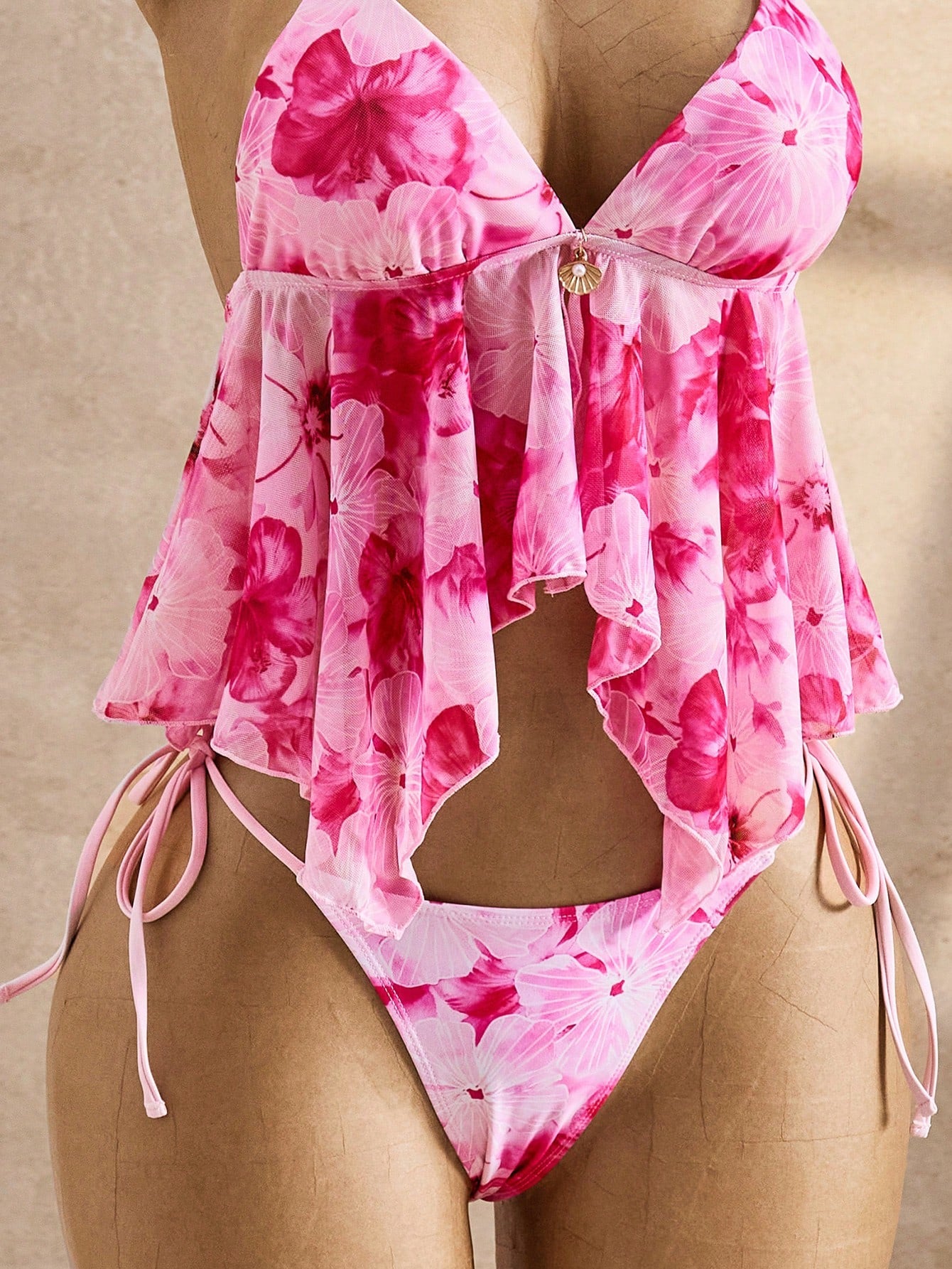 Bellisia Summer Pink Floral Spaghetti Strap Mesh Flowing Camisole Bikini 2 Pieces Set Women's Swimwear,Boho Holiday Vacation Beach Cruise Tropical Road Trip