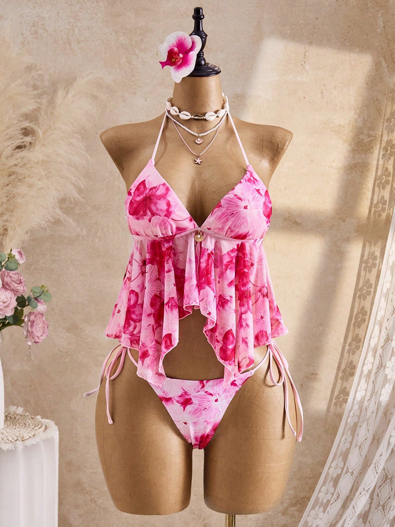 Bellisia Summer Pink Floral Spaghetti Strap Mesh Flowing Camisole Bikini 2 Pieces Set Women's Swimwear,Boho Holiday Vacation Beach Cruise Tropical Road Trip