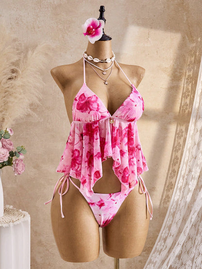 Bellisia Summer Pink Floral Spaghetti Strap Mesh Flowing Camisole Bikini 2 Pieces Set Women's Swimwear,Boho Holiday Vacation Beach Cruise Tropical Road Trip
