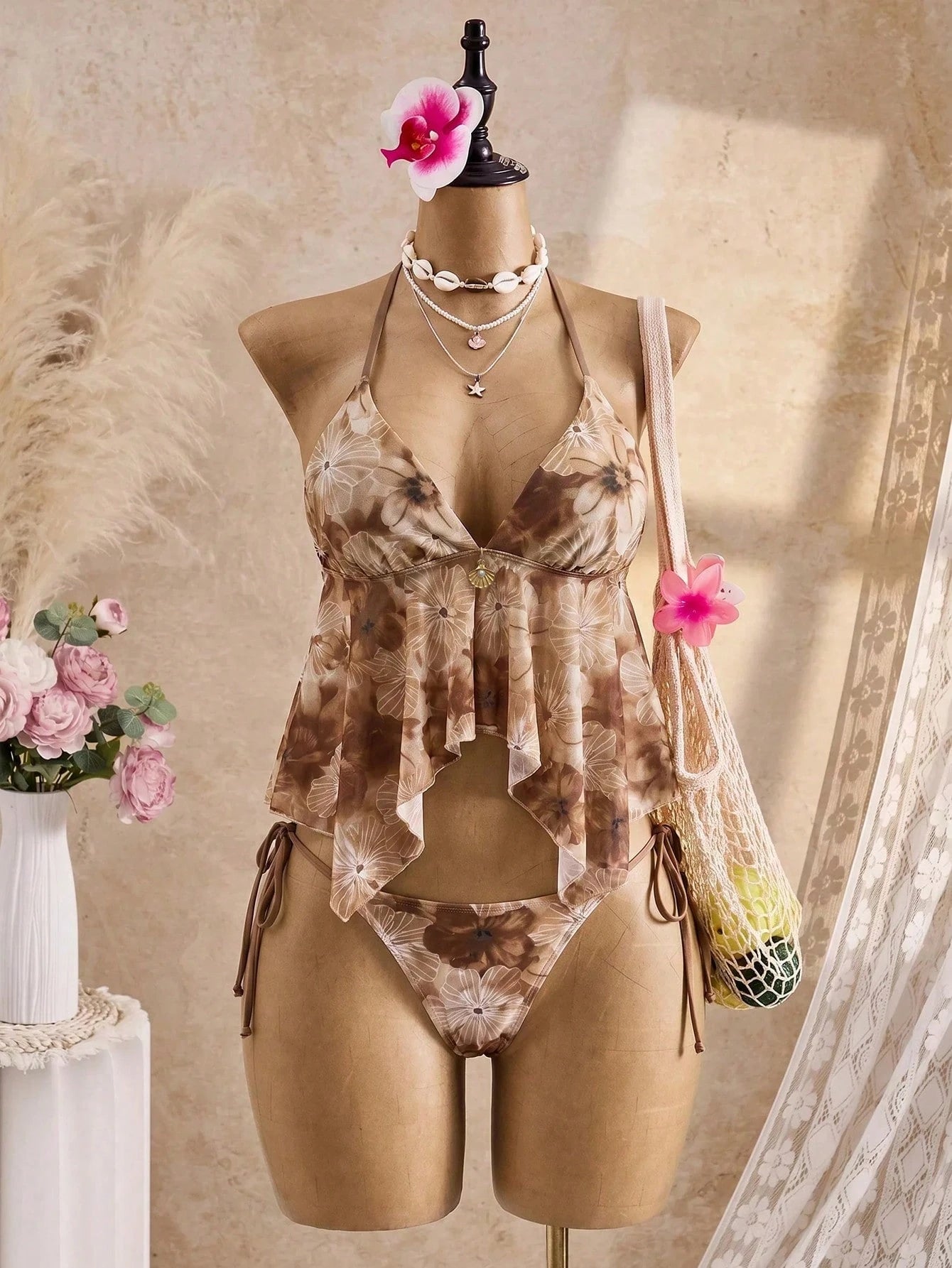 Bellisia Summer Pink Floral Spaghetti Strap Mesh Flowing Camisole Bikini 2 Pieces Set Women's Swimwear,Boho Holiday Vacation Beach Cruise Tropical Road Trip