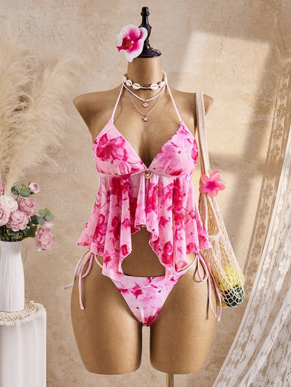 Bellisia Summer Pink Floral Spaghetti Strap Mesh Flowing Camisole Bikini 2 Pieces Set Women's Swimwear,Boho Holiday Vacation Beach Cruise Tropical Road Trip