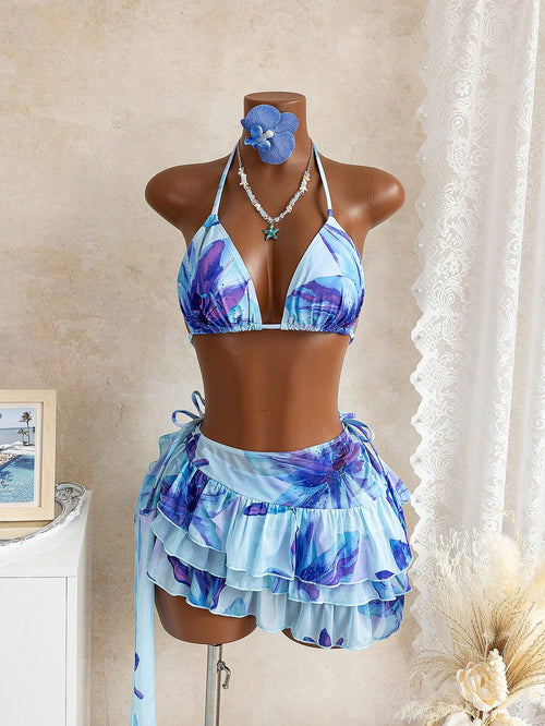 Bellisia Summer Vacation Floral Watercolor Print Halter Neck Bikini Top, Tie Side Bikini Bottom, And Cake Skirt Cover-Up 3-Piece Swimwear Set