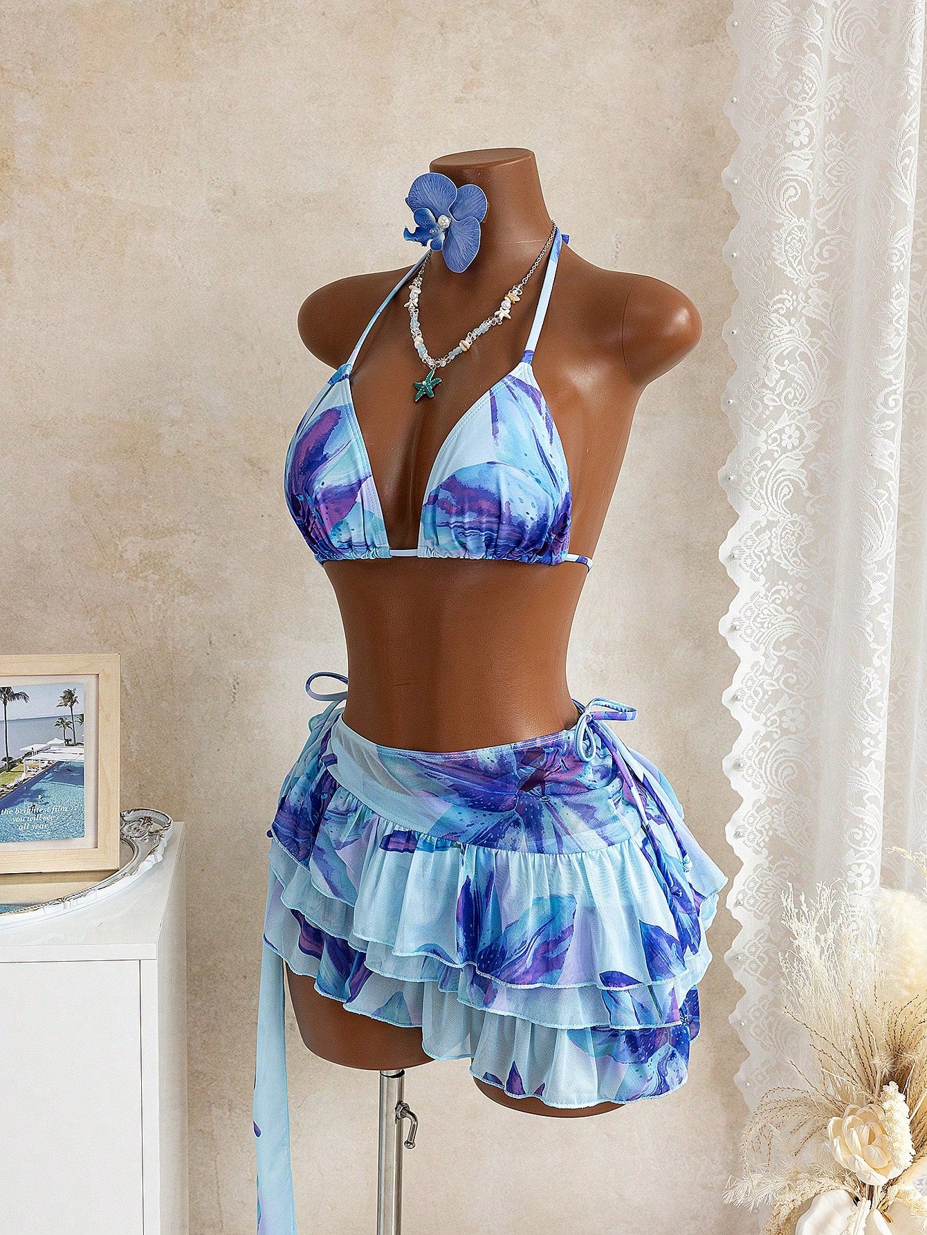 Bellisia Summer Vacation Floral Watercolor Print Halter Neck Bikini Top, Tie Side Bikini Bottom, And Cake Skirt Cover-Up 3-Piece Swimwear Set