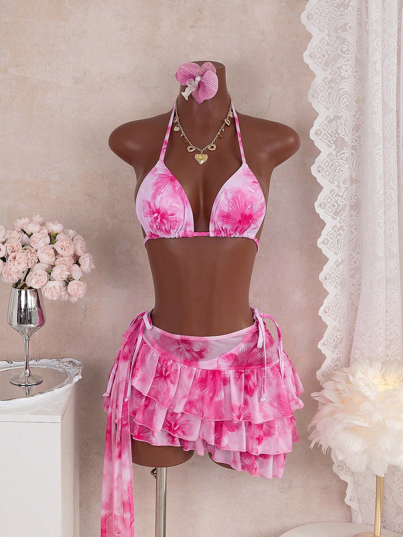 Bellisia Summer Vacation Floral Watercolor Print Halter Neck Bikini Top, Tie Side Bikini Bottom, And Cake Skirt Cover-Up 3-Piece Swimwear Set