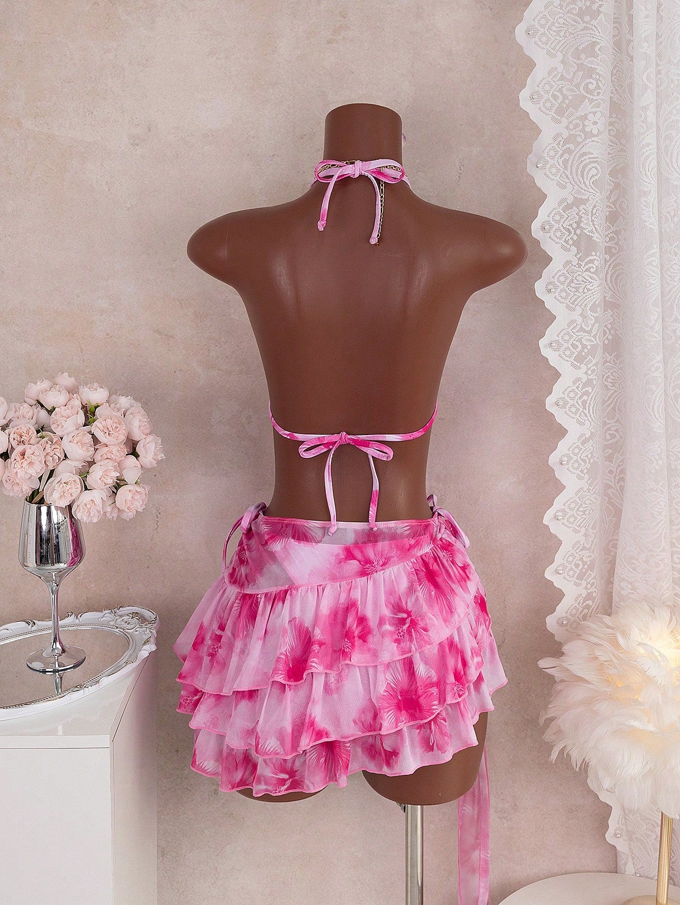 Bellisia Summer Vacation Floral Watercolor Print Halter Neck Bikini Top, Tie Side Bikini Bottom, And Cake Skirt Cover-Up 3-Piece Swimwear Set