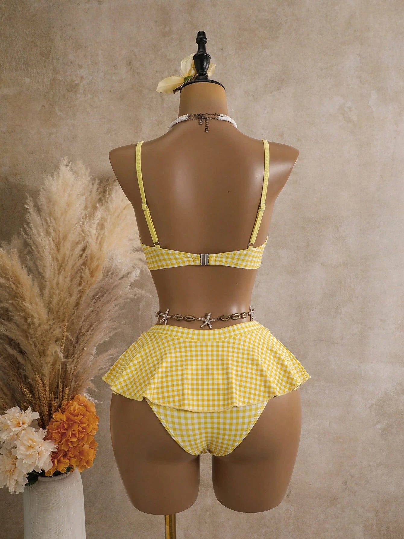 Bellisia Summer Women's 2 Pieces Plaid Print Tankini Swimwear With Underwire, Beige