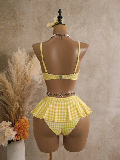 Bellisia Summer Women's 2 Pieces Plaid Print Tankini Swimwear With Underwire, Beige