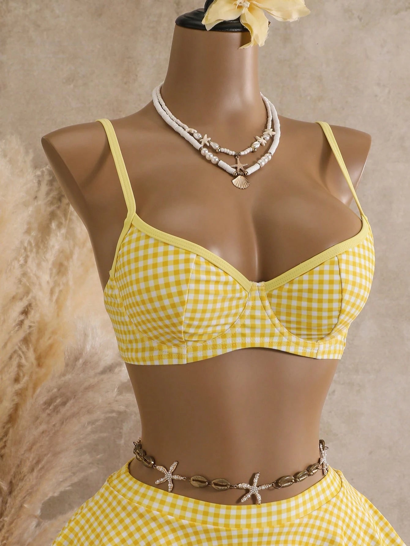 Bellisia Summer Women's 2 Pieces Plaid Print Tankini Swimwear With Underwire, Beige