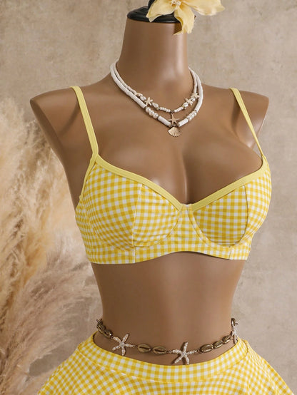 Bellisia Summer Women's 2 Pieces Plaid Print Tankini Swimwear With Underwire, Beige