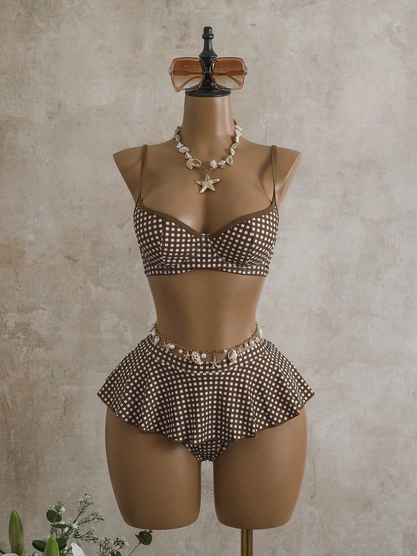 Bellisia Summer Women's 2 Pieces Plaid Print Tankini Swimwear With Underwire, Beige