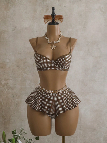 Bellisia Summer Women's 2 Pieces Plaid Print Tankini Swimwear With Underwire, Beige