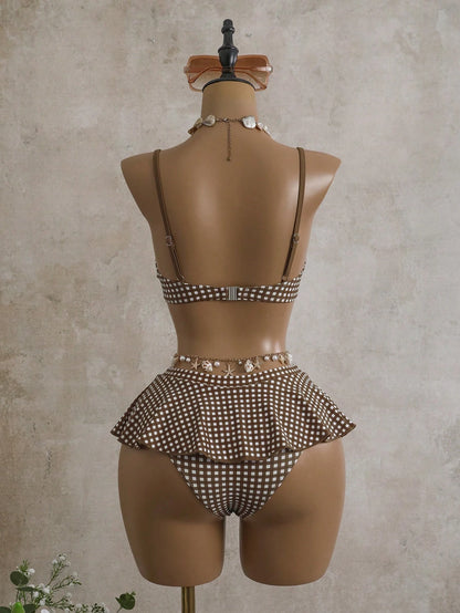 Bellisia Summer Women's 2 Pieces Plaid Print Tankini Swimwear With Underwire, Beige