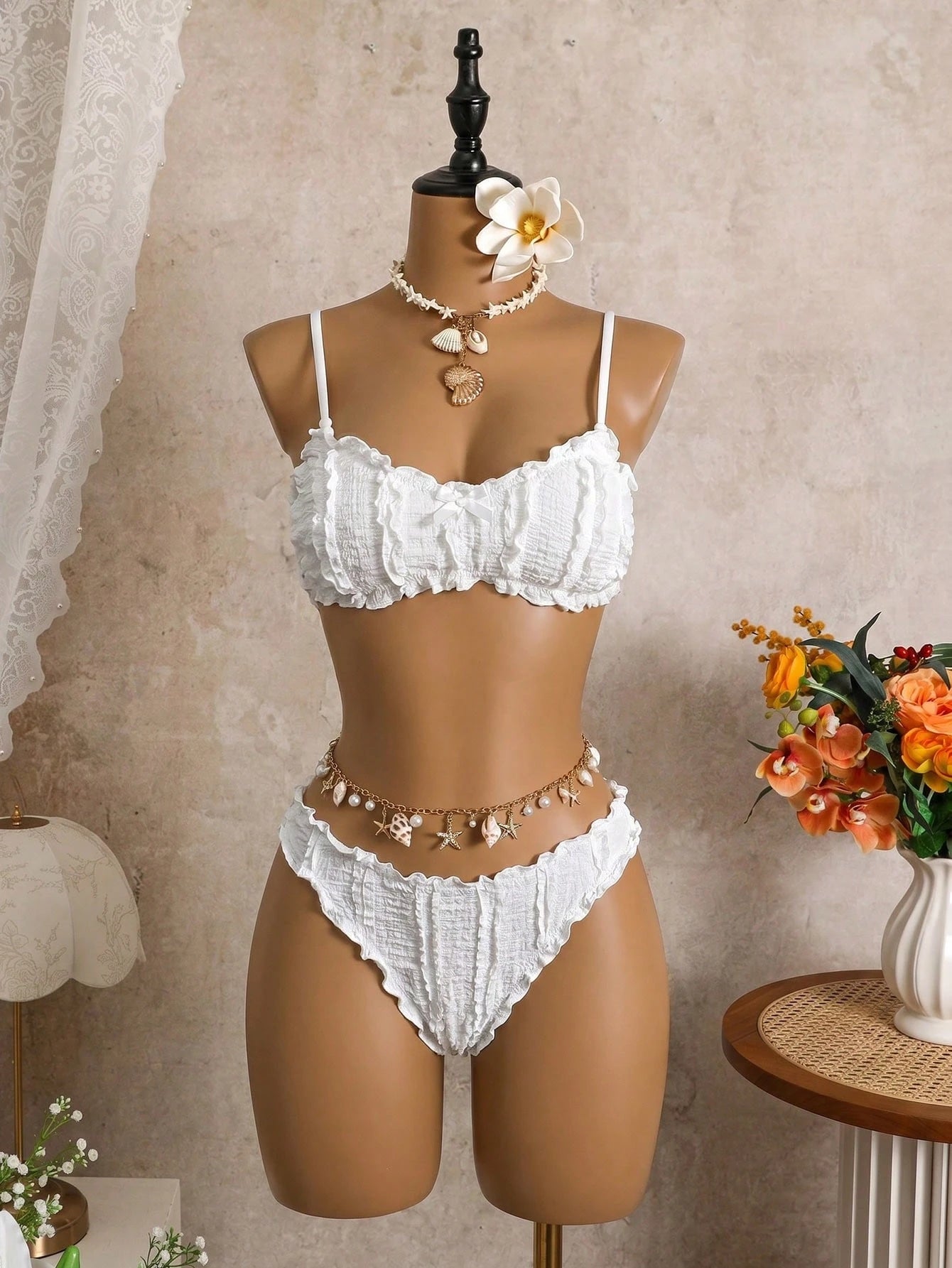 Bellisia White Ruffle Tankini Swimwear For Women, Gentle Girly Spaghetti Strap Bikini, Beach Holiday Thermal Spring Swimwear