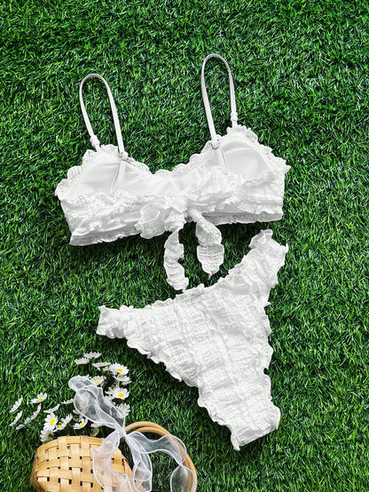 Bellisia White Ruffle Tankini Swimwear For Women, Gentle Girly Spaghetti Strap Bikini, Beach Holiday Thermal Spring Swimwear
