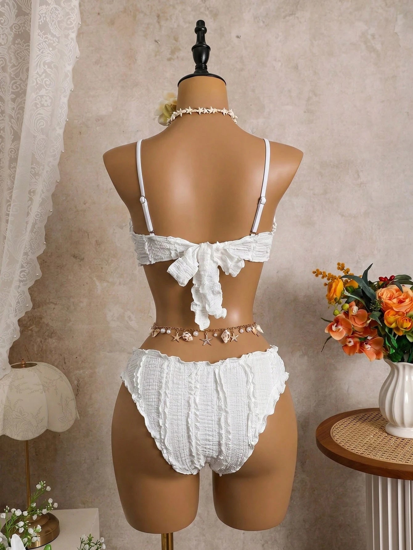 Bellisia White Ruffle Tankini Swimwear For Women, Gentle Girly Spaghetti Strap Bikini, Beach Holiday Thermal Spring Swimwear