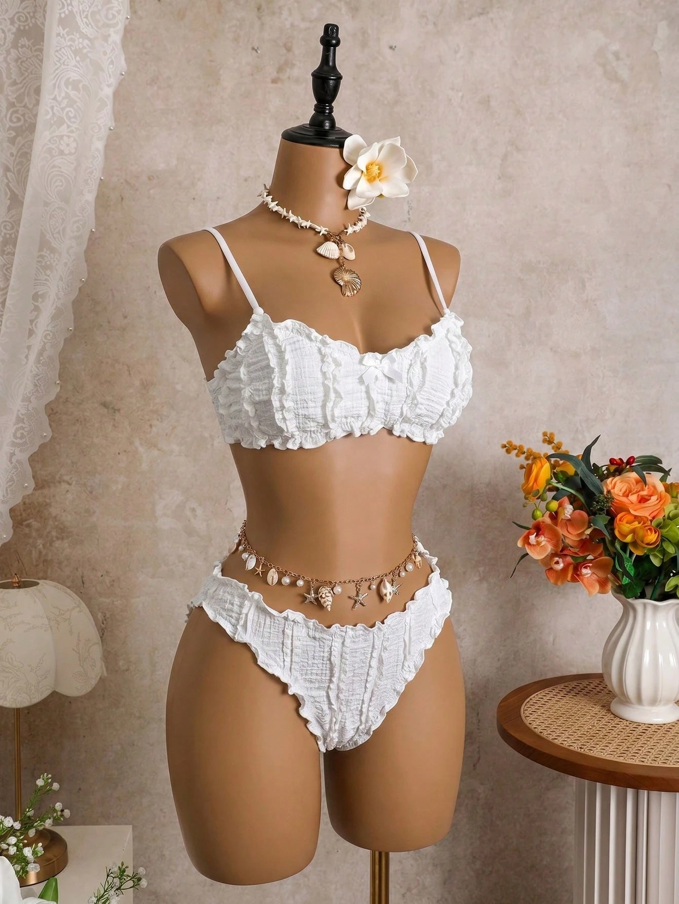 Bellisia White Ruffle Tankini Swimwear For Women, Gentle Girly Spaghetti Strap Bikini, Beach Holiday Thermal Spring Swimwear