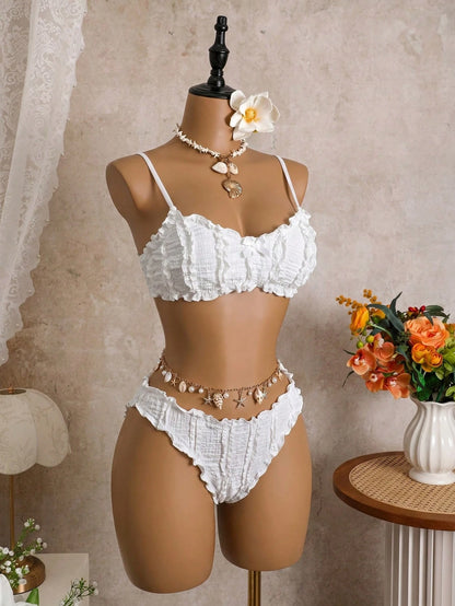 Bellisia White Ruffle Tankini Swimwear For Women, Gentle Girly Spaghetti Strap Bikini, Beach Holiday Thermal Spring Swimwear