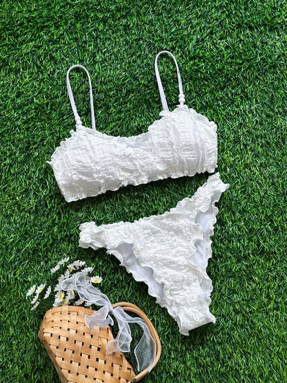 Bellisia White Ruffle Tankini Swimwear For Women, Gentle Girly Spaghetti Strap Bikini, Beach Holiday Thermal Spring Swimwear
