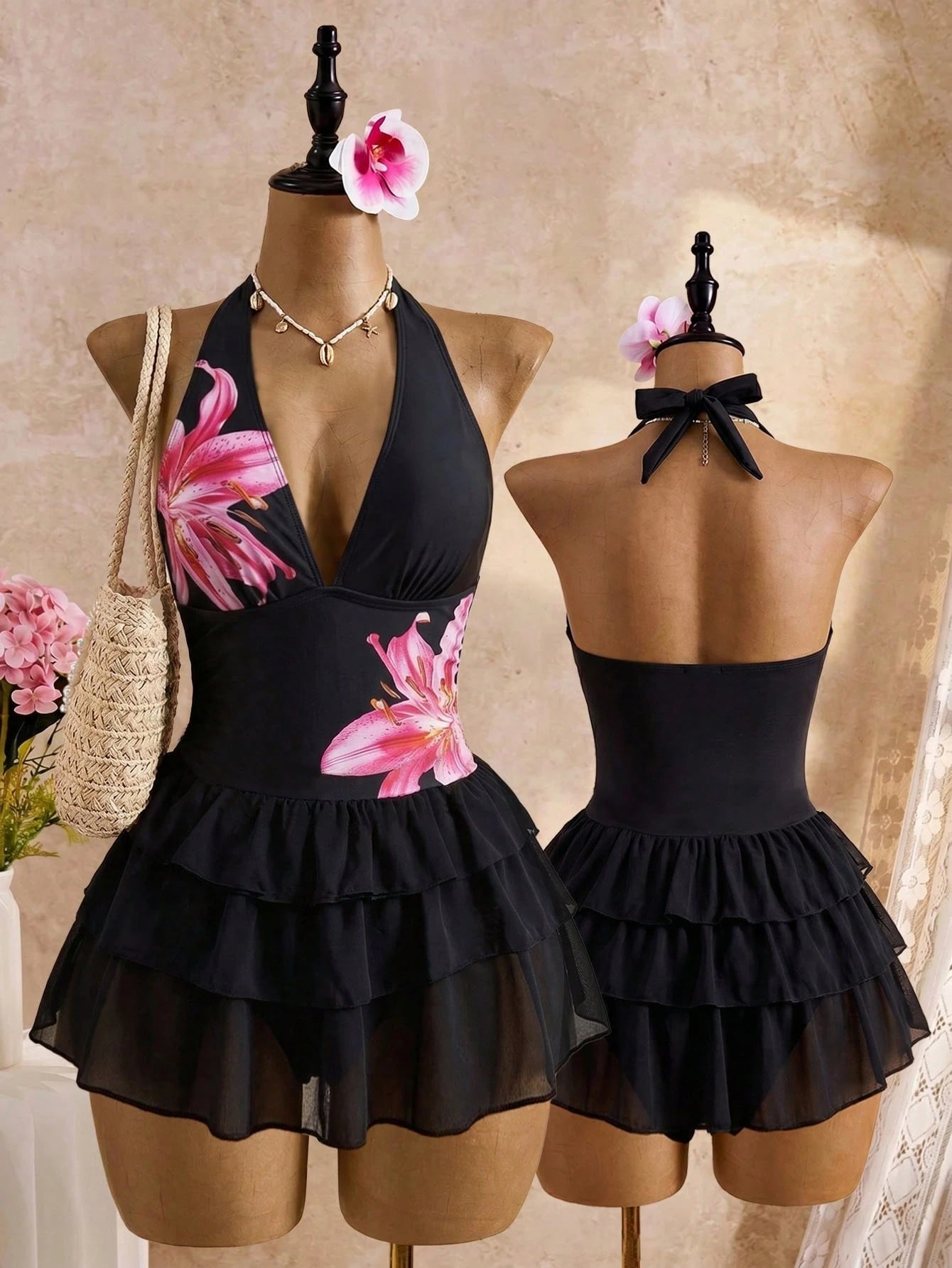 Bellisia Women Black Summer Casual Holiday Vacation Dot Print Halter Tie Deep V-Neck Backless 3-Tier Chiffon Ruffle Hem Cute Swimsuit Skirt Pool Party Holiday