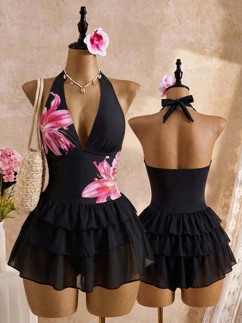 Bellisia Women Black Summer Casual Holiday Vacation Dot Print Halter Tie Deep V-Neck Backless 3-Tier Chiffon Ruffle Hem Cute Swimsuit Skirt Pool Party Holiday
