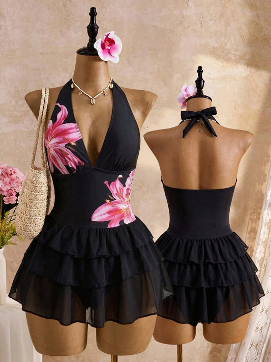 Bellisia Women Black Summer Casual Holiday Vacation Dot Print Halter Tie Deep V-Neck Backless 3-Tier Chiffon Ruffle Hem Cute Swimsuit Skirt Pool Party Holiday