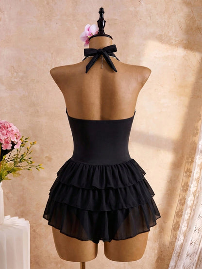 Bellisia Women Black Summer Casual Holiday Vacation Dot Print Halter Tie Deep V-Neck Backless 3-Tier Chiffon Ruffle Hem Cute Swimsuit Skirt Pool Party Holiday
