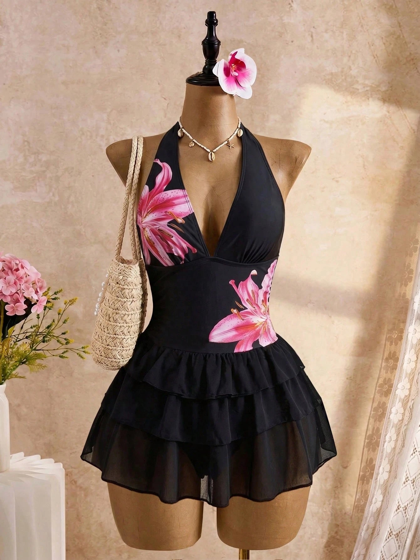 Bellisia Women Black Summer Casual Holiday Vacation Dot Print Halter Tie Deep V-Neck Backless 3-Tier Chiffon Ruffle Hem Cute Swimsuit Skirt Pool Party Holiday