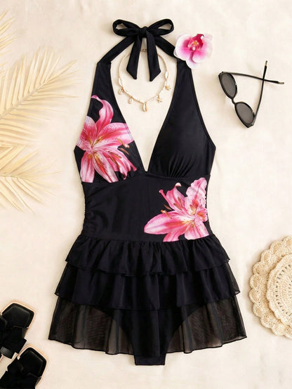 Bellisia Women Black Summer Casual Holiday Vacation Dot Print Halter Tie Deep V-Neck Backless 3-Tier Chiffon Ruffle Hem Cute Swimsuit Skirt Pool Party Holiday