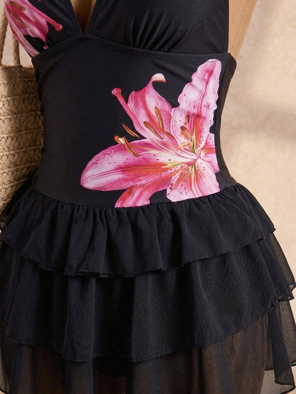Bellisia Women Black Summer Casual Holiday Vacation Dot Print Halter Tie Deep V-Neck Backless 3-Tier Chiffon Ruffle Hem Cute Swimsuit Skirt Pool Party Holiday