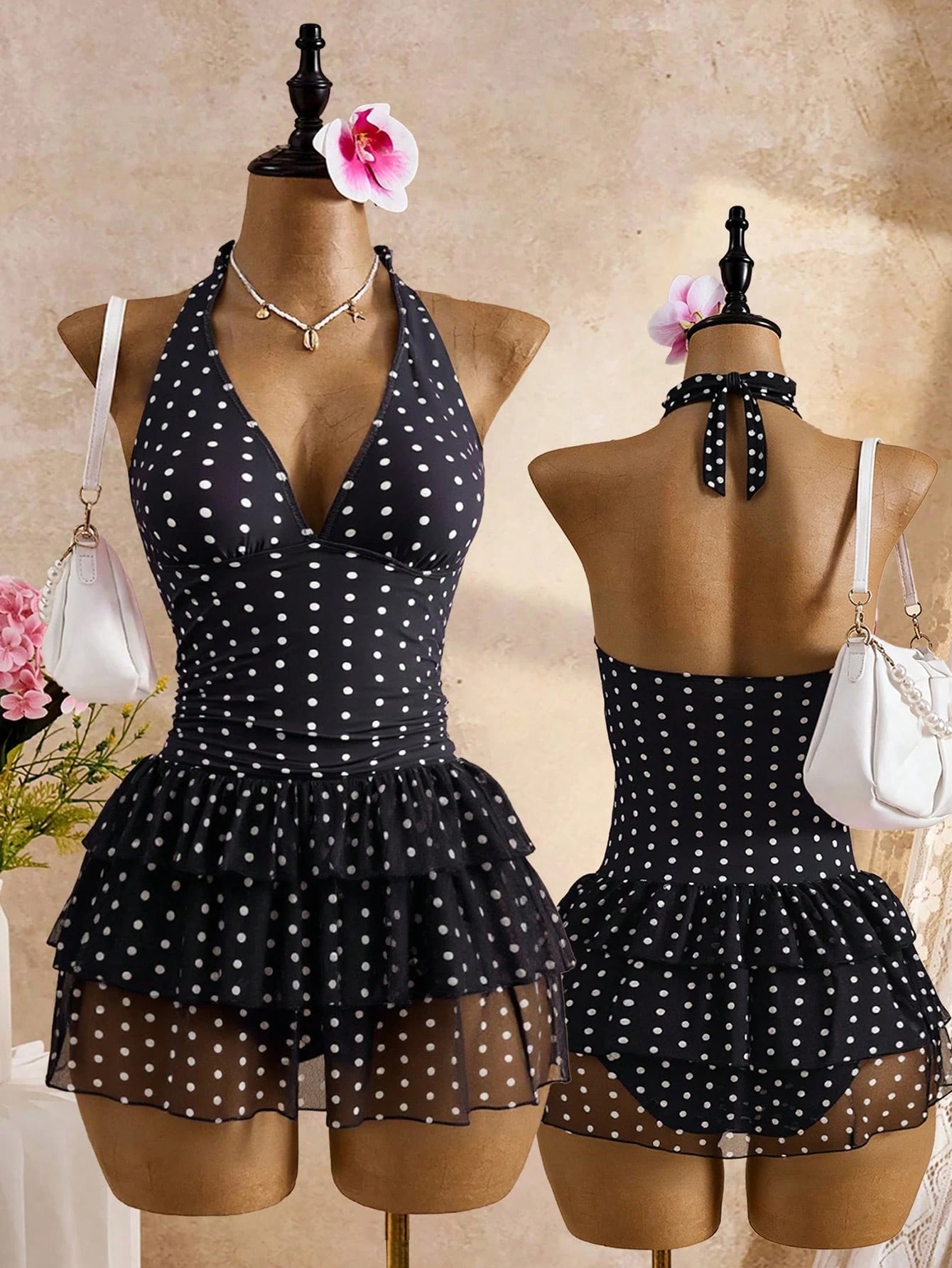 Bellisia Women Black Summer Casual Holiday Vacation Dot Print Halter Tie Deep V-Neck Backless 3-Tier Chiffon Ruffle Hem Cute Swimsuit Skirt Pool Party Holiday