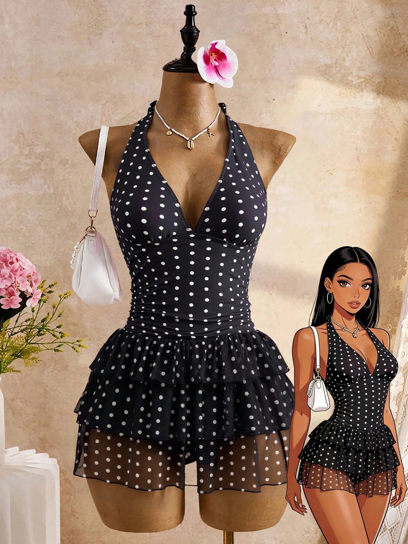 Bellisia Women Black Summer Casual Holiday Vacation Dot Print Halter Tie Deep V-Neck Backless 3-Tier Chiffon Ruffle Hem Cute Swimsuit Skirt Pool Party Holiday