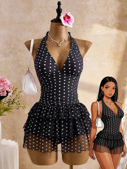 Bellisia Women Black Summer Casual Holiday Vacation Dot Print Halter Tie Deep V-Neck Backless 3-Tier Chiffon Ruffle Hem Cute Swimsuit Skirt Pool Party Holiday
